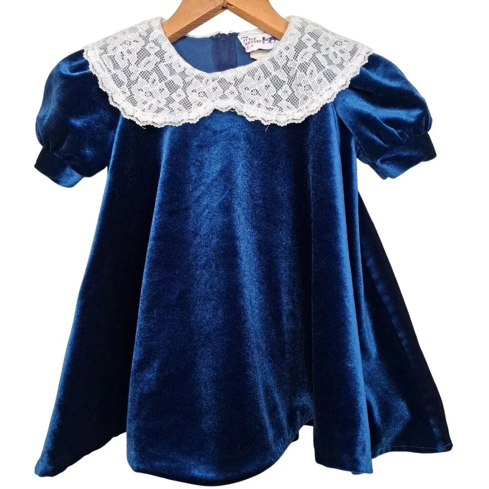 Vintage The Little Trotter Dress Size 4 Royal Blue Velour Lace Collar Party - Picture 1 of 16